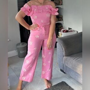 2 Piece Savida Embroidered Trousers and Ruffled Top Set Linen Leaf Print M